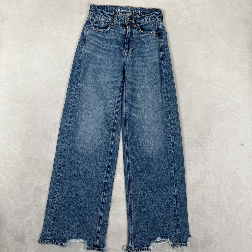 American Eagle Super High-Rise Baggy Wide Leg Jeans Womens 00 Blue Denim